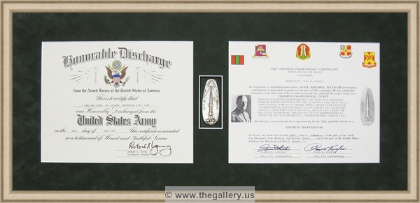Military discharge shadow box with pins and certificate.


Military shadow box with pins, patches, and certificate.



The Gallery at Brookwood
www.thegallery.us
770-941-3394
Your Custom Framing Expert
Picture Framing Examples
Custom Framing Examples
Shadowbox Examples
Military-discharge-with-metal