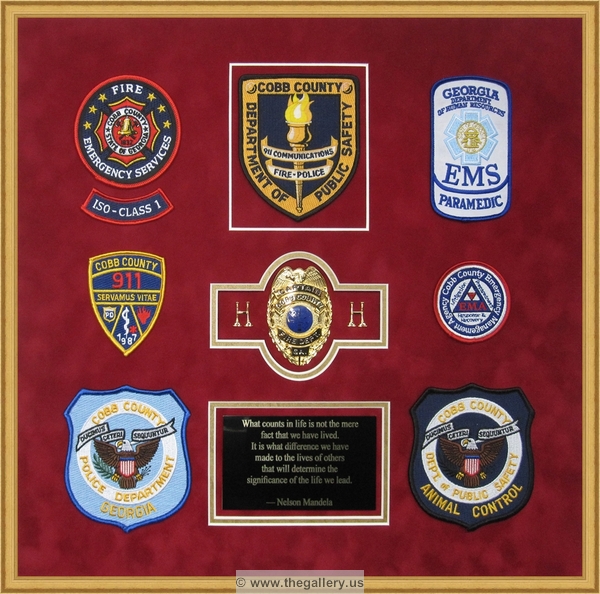 Cobb County Fire Department retirement shadow box with badges, patches and lapel pins.


Fire  Department retirement shadow box examples



The Gallery at Brookwood
www.thegallery.us
770-941-3394
Your Custom Framing Expert
Picture Framing Examples
Custom Framing Examples
Shadowbox Examples
cobb-county-department-of-public-safety